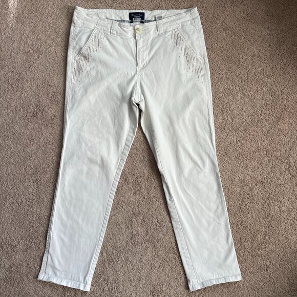 American Eagle Womens 10 Cross Stitch Embroidered Chino Khaki Straight Leg Pants - Picture 1 of 7